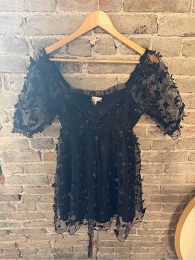 Black Mini Dress with Sheer Puff Sleeves and 3D Appliqué